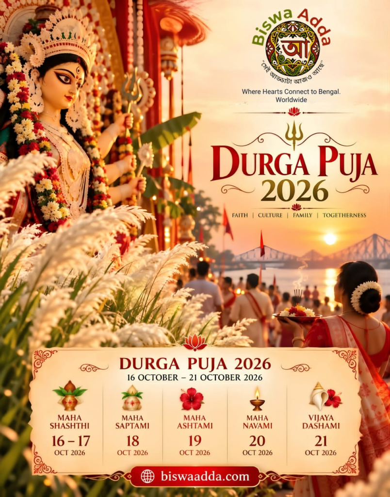 Durga Puja 2026 dates and Bengali festival calendar featuring Mother Durga.